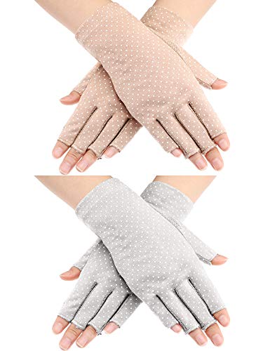 Maxdot Fingerless Gloves Non Slip UV Protection Driving Gloves Summer Outdoor Gloves for Women and Girls (Gray and Khaki,2 Pairs)