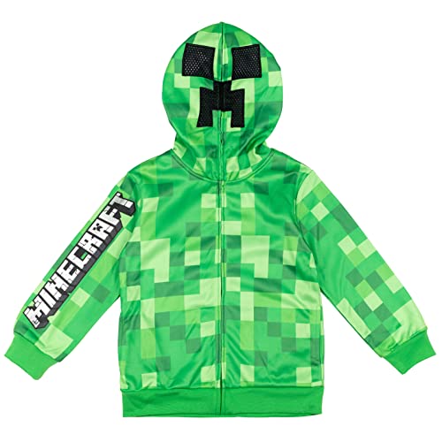 Minecraft Creeper Big Boys Fleece Zip Up Hoodie with Mesh Cosplay Hood Mask Green 10-12