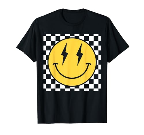 Retro Happy Face Distressed Checkered Pattern Smile Face T-Shirt