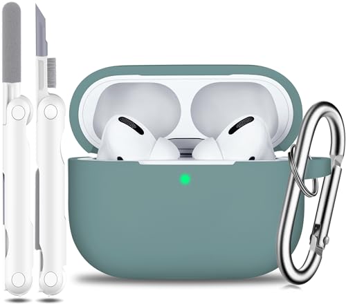 R-fun Compatible with AirPods Pro Case with Keychain,Full Protective Silicone Skin Accessories for Women Men Girl Compatible with Apple 2019 Latest AirPods Pro Case,Front LED Visible,Pine Green