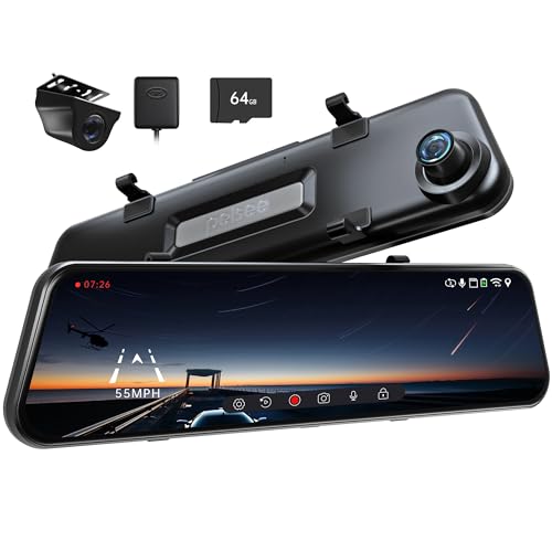 Pelsee P12 Pro Max 4K+2.5K Mirror Dash Cam With Wi-Fi, Front and Rear Cameras, Night Vision, Voice Control, 64GB Card & GPS for Cars and Trucks