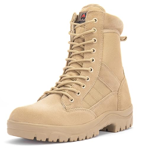 WIDEWAY Men's Military Tactical Work Boots Black Combat Boots for Motorcycle Hiking (Sand, Adult, Men, 9, Numeric, US Footwear Size System, Medium)