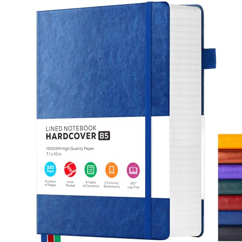 Leather Lined Notebook Journal, 320 Pages Hardcover Notebook Journals for Writing Women & Men, B5 (7.1'' X 10'') College Ruled Notebook with 100GSM Thick Paper for School Work Organization, Dark Blue