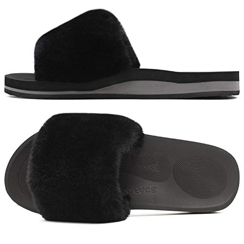 COFACE Womens Slides Fuzzy House Slippers for Women Open Toe Fluff Slippers With Arch Support Plantar Fasciitis Orthotic Slippers Women House Shoes Indoor Size 8