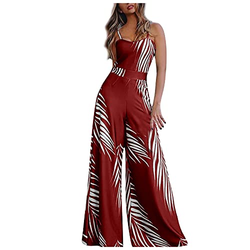 UQRZAU a Mazon Com,Women's Clothing Jumpsuit 2024, Fashion Overalls 80S Skirt Suit Women S Ski Pants Bib Solid Color Print Sexy Backless Tie Rope Deep V-Neck Halter One-Piece Onesie (XXL, Red)
