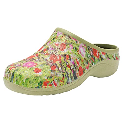 Backdoorshoes Waterproof Premium Garden Clogs for Women with Arch Support, Practical Slip On Outdoor Garden Shoes, Poppy Design, US 9