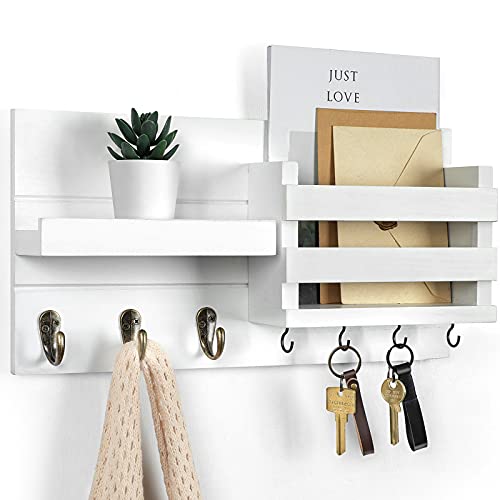 Lwenki Mail Organizer for Wall Mount – Key Holder with Shelf Includes Letter Holder and Hooks for Coats, Dog Leashes – Rustic Wood with Flush Mounting Hardware (16.5” x 8.7” x 3.5”)