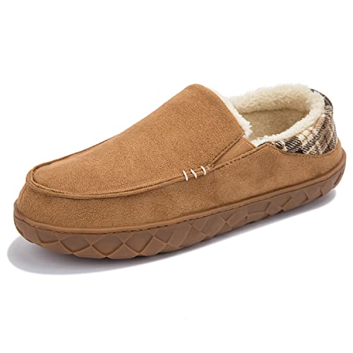 NewDenBer Men's Moccasin Slippers Warm Memory Foam Suede Cozy Plush Shearling Lined Slip on Indoor Outdoor House Shoes (10.5 D(M) US, Tan)