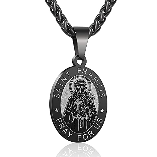 P. BLAKE Black St. Saint Francis Medal Necklace, Oval Stainless Steel Catholic Saint Francis of Assisi Pendant Medallion Chain