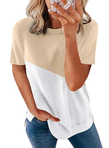SHEWIN Women's Summer Casual Sexy Short Sleeve Crewneck Color Block Tee Loose Tops Tshirts for Womens,US 8-10(M),Apricot,White