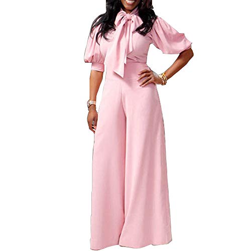VERWIN Plain Dressy Full Length Bowknot Women's Jumpsuit High Waist Woman Romper (XX-Large, Pink)