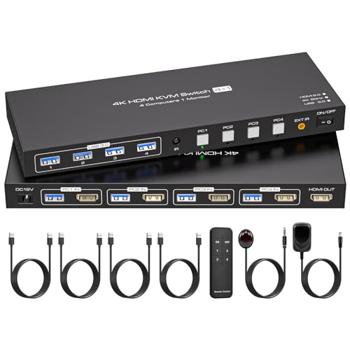 ATLAHET HDMI KVM Switch 4 Computers 1 Monitor 4K@60Hz 2K@120Hz 4 Port KVM Switches 4 in 1 Out Support 4 PCs Share 1 Monitor and 4 USB Devices Like Keyboard Mouse Printer etc. With External Accessories