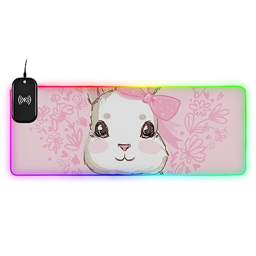 Cute Rabbit Bunny Pink Wireless Charging Mouse Pad for Mobile Phone Extra Large Gaming Mousepad with 13 Lighting Modes Keyboard Mat for MacBook PC Laptop Desk Office Home Gaming