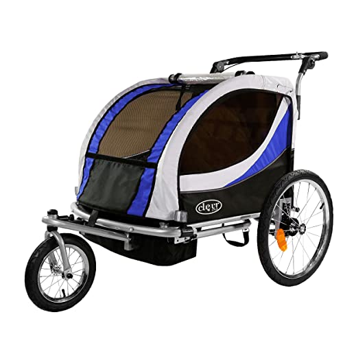 ClevrPlus Deluxe 3-in-1 Double 2 Seat Bicycle Bike Trailer Jogger Stroller for Kids Children | Foldable w/Pivot Front Wheel, Blue