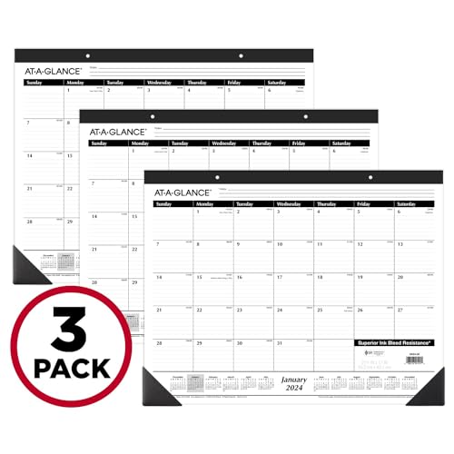 AT-A-GLANCE 2024 Desk Calendar, Desk Pads, Monthly, 21-3/4' x 17', Large, Ruled Blocks, 3 Pack (AZSK240024)
