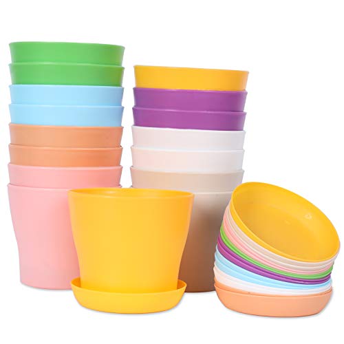JERIA 16-Pack 4' Plastic Flower Plant Pots Thickened Seedlings Nursery Pots, Colorful Flower Plant Container Seed Starting Pots with Pallet (8 Colors)