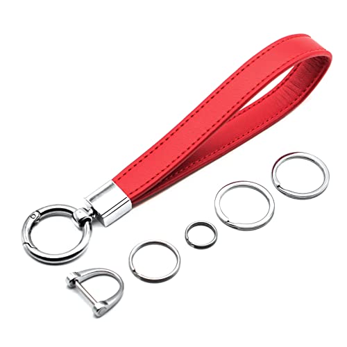 MECHCOS Car Key Fob Keychain Holder Genuine Leather Wristlet Loop Key Chain Circle Carabiner Clip for Men and Women with Anti-lost D Ring, Screwdriver, 4 Key Rings, 360 Degree Rotatable, Red
