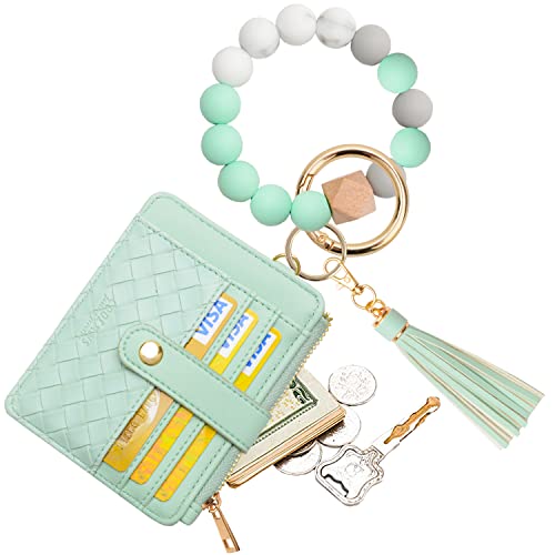 COOLANS Wristlet Bracelet Keychain Pocket Credit Card Holder Purse Tassel Keychain Bangle Key Ring for Women (Silicone Bead Bracelet+Card Purse (Green))