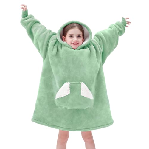 Touchat Wearable Blanket Hoodie, Oversized Sherpa Blanket Sweatshirt with Hood Pocket and Sleeves, Super Soft Warm Plush Hooded Blanket for Kids, One Size Fits All (Light Green)