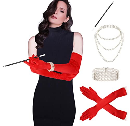 Cizoe Cruella Deville Costume Women Accessories,Halloween Red Gloves Costume,Necklace,Bracelet for 1920s Accessories(A-Gloves set)