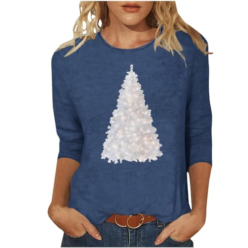 HGps8w Christmas Tree Printed Womens Holiday Shirts 3/4 Sleeve Dressy Casual Blouses Pullover Loose Crewneck Sweatshirt Tops