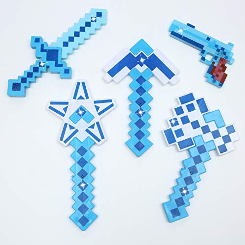 Set of 5 DIAMOND Pixel Toy LED Light Up Pixel Battle Toy for Boys and Girls - 8 Bit Pistol Deluxe STYLE with LED Light up and FX Sounds -Sword Axe Pickaxe Star and Gun-3 Colors for Chioce (Blue)