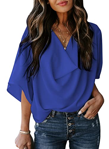 Dokotoo Womens Blouses and Tops Summer Short Sleeve V Neck Solid Color Ladies Wrap Draped Front Business Casual Fashion Chiffon Shirts and Tops Blue X-Large