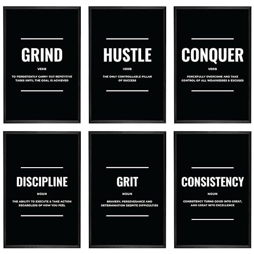 Throwback Traits Motivational Wall Art Success Posters - Grind Hustle Execution Motivational Wall Decor For Office, Home Office, Living Room - 6 Set Of Black And White Posters Size 11 x 17 inch