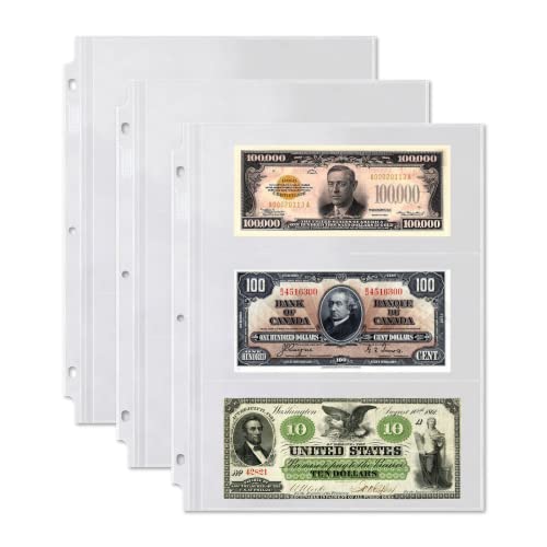 Dunwell Binder Currency Sleeves for Collectors - (50 Pack), Acid-Free 3-Pocket Clear Plastic Refill Pages for Currency Collection Album, Currency Binder Pages Sheets for Bills, Banknotes or Coupons