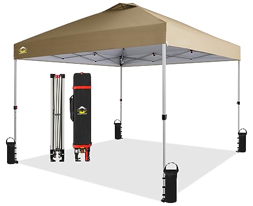 CROWN SHADES 10x10 Pop Up Canopy, Patented Center Lock One Push Tent Canopy, Newly Designed Storage Bag, 8 Stakes, 4 Ropes, Beige