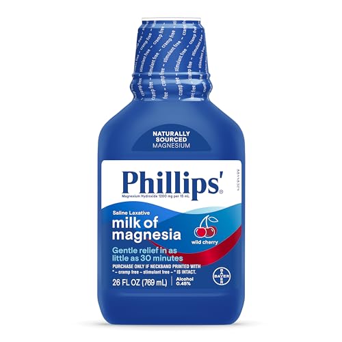 Phillips’ Milk of Magnesia Liquid Laxative, Wild Cherry Flavor, Stimulant & Cramp Free Relief of Occasional Constipation*, Effective in 30 minutes - 6 hours, #1 Milk of Magnesia Brand, 26 oz