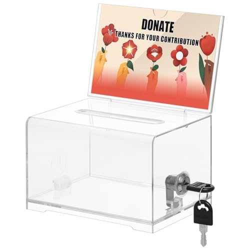 KYODOLED Clear Donation Box with Lock,Ballot Box with Sign Holder,Suggestion Box Storage Container for Voting, Raffle Box,Tip Jar 6.2' x 4.6' x 4.0'