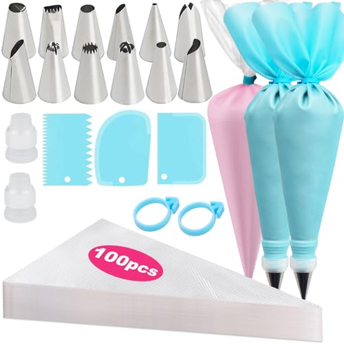 Piping Bags and Tips Set, 2 x 12 Inch Reusable Piping Bags, 100 Disposable Pastry Bags, 2 Couplers, 12 Frosting Tips, 2 Bag Ties & 3 Cake Scrapers - Complete Cake Icing Kit