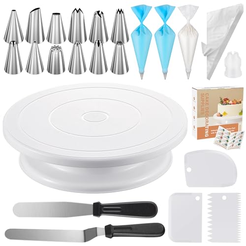 Kootek 71PCs Cake Decorating Supplies Kit with Revolving Cake Stand Turntable, 12 Numbered Icing Piping Tips, 2 Spatulas, 3 Icing Comb Scraper, 50+2 Piping Bags, and 1 Coupler for Baking