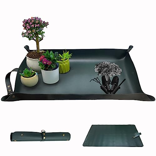Plant Repotting Mat,Thickened Leather Waterproof Transplanting Mat,Indoor Succulent Potting Mat,Portable Gardening Mat, 30' X 18' Foldable Plant Potting Tray and Mess Control mat (Dark Green)