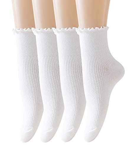 AMHRLINGTO Cute Ruffle Ankle Socks for Women - Soft Cotton Knit Lettuce Low Cut Frilly Crew Socks (White-4 Pairs-Low Cut)