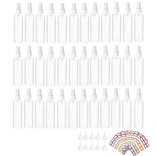 KEJJNYER 36 Pack 4oz Plastic Spray Bottles, Clear Empty Spray Bottles Plastic Small Spray Bottles Travel Bottle Reusable Containers for Cosmetic with 10 Funnel, 10 Labels