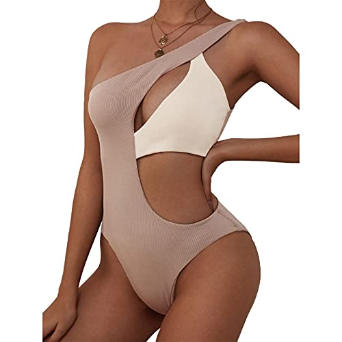ZAFUL One Shoulder Bikini Contrast Color Patchwork Cutout Ribbed Two Tone One Piece Swimsuits Gray