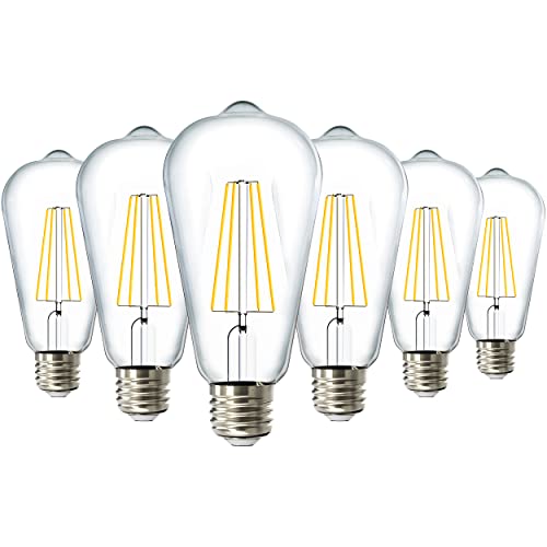 Sunco 6 Pack 60W Vintage LED Edison Bulbs Equivalent 8.5W CRI92 800 Lumens, Dimmable ST64 Filament 3000K Warm White E26 Medium Base Light Bulbs High Brightness Clear Glass Waterproof - UL