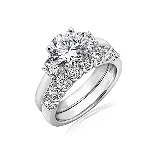 Amazon Essentials Sterling Silver Platinum Plated Infinite Elements Cubic Zirconia Three Stone Ring, Size 9 (previously Amazon Collection)
