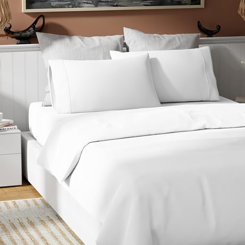 Color Sense White 100% Cotton Sheets for Queen Size Bed, Ultra Soft 4 Piece Queen White Sheet Set, Cool & Breathable Percale Weave Queen Bed Sheets, Fits Mattress Upto 16' Deep Pocket, White Sheets