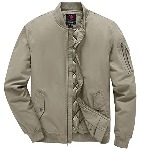 TBMPOY Men's Quilted Bomber Jackets Windproof Full Zip Padded Winter Casual Coat Khaki S