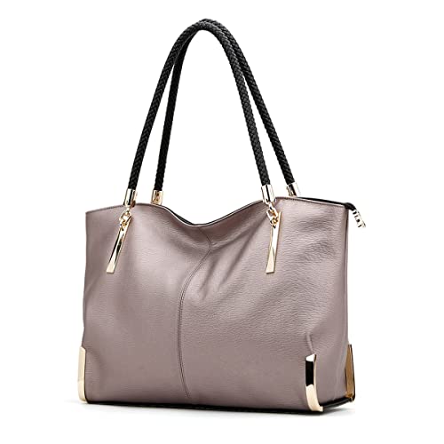 FOXER Large Leather Tote Handbags for Women, Split Cowhide Zipper Closure Ladies Top-handle Bags Shoulder Purses and Fashion Pocketbooks with Woven Handle(Rose Gold)