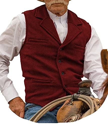 BYLUNTA Hunting Aged Mens Tweed Waistcoats Herringbone Vests Wedding Retro Casual Wool Business(Burgundy,XL)