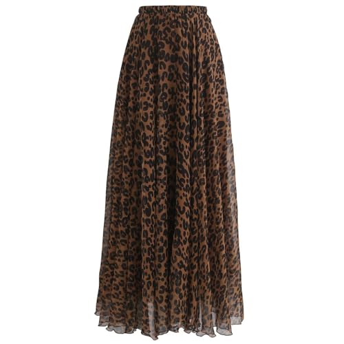 CHICWISH Women's Leopard Watercolor Brown Maxi Floral Chiffon Slip Skirt, Size XS-S