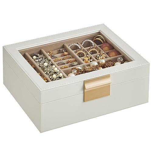 SONGMICS Jewelry Box with Glass Lid, 2-Layer Jewelry Organizer with Removable Tray, Jewelry Storage, Modern Style, Gift for Loved Ones, Christmas Gifts, Cloud White and Metallic Gold UJBC238W01