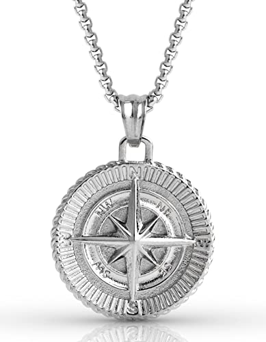 Forge & Foundry Men's Compass Pendant Necklace with 22' Box Chain Included [ Polished Solid Stainless Steel] | “Navigator” | Refined Hand-Crafted Jewelry, Designed by Jewelers, Forged for Men