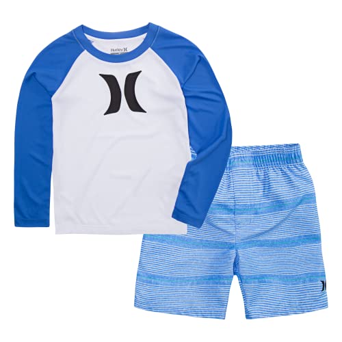 Hurley Boys Swim Suit 2-piece Outfit infant and toddler rash guard sets, Fountain Blue, 12 Months US
