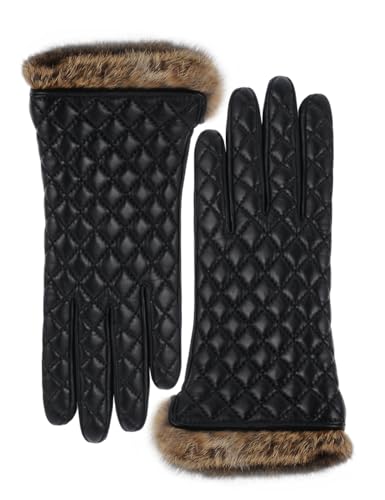 VIKIDEER Winter Warm Cashmere Lining Rabbit Fur Cuffs Leather Gloves for Women Touchscreen Black Large