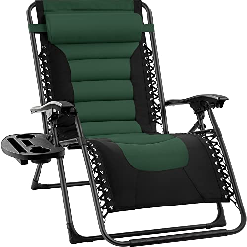 Best Choice Products Oversized Padded Zero Gravity Chair, Folding Outdoor Patio Recliner, XL Anti Gravity Lounger for Backyard w/Headrest, Cup Holder, Side Tray, Polyester Mesh - Forest Green